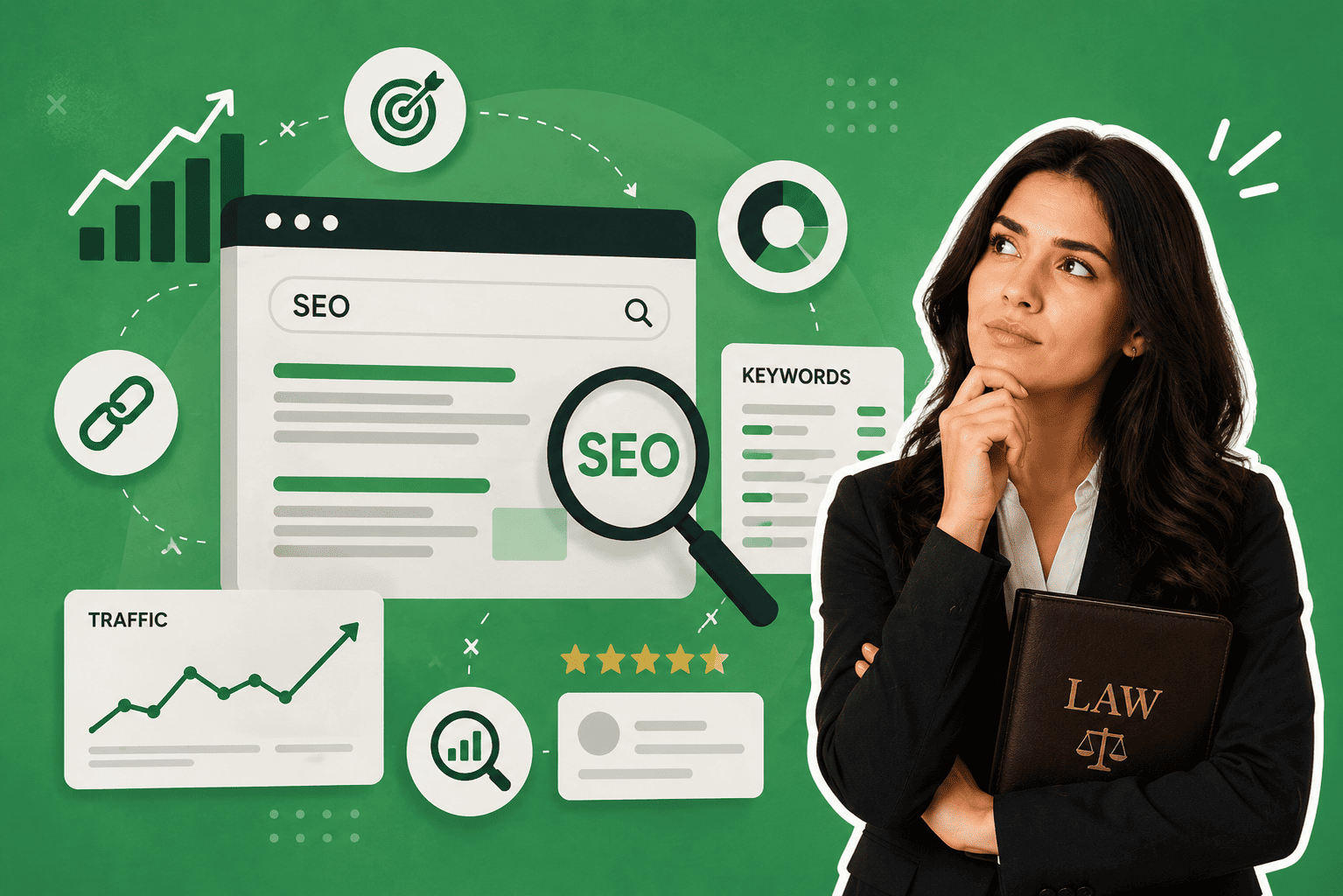 Attorney reviewing law firm SEO results: keyword rankings, organic traffic growth and client reviews